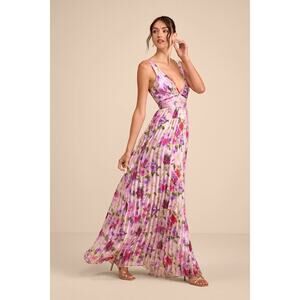 NWT Lulus Morgana Pink Multi Floral Satin Pleated Maxi Dress Resort Cruise Sz L